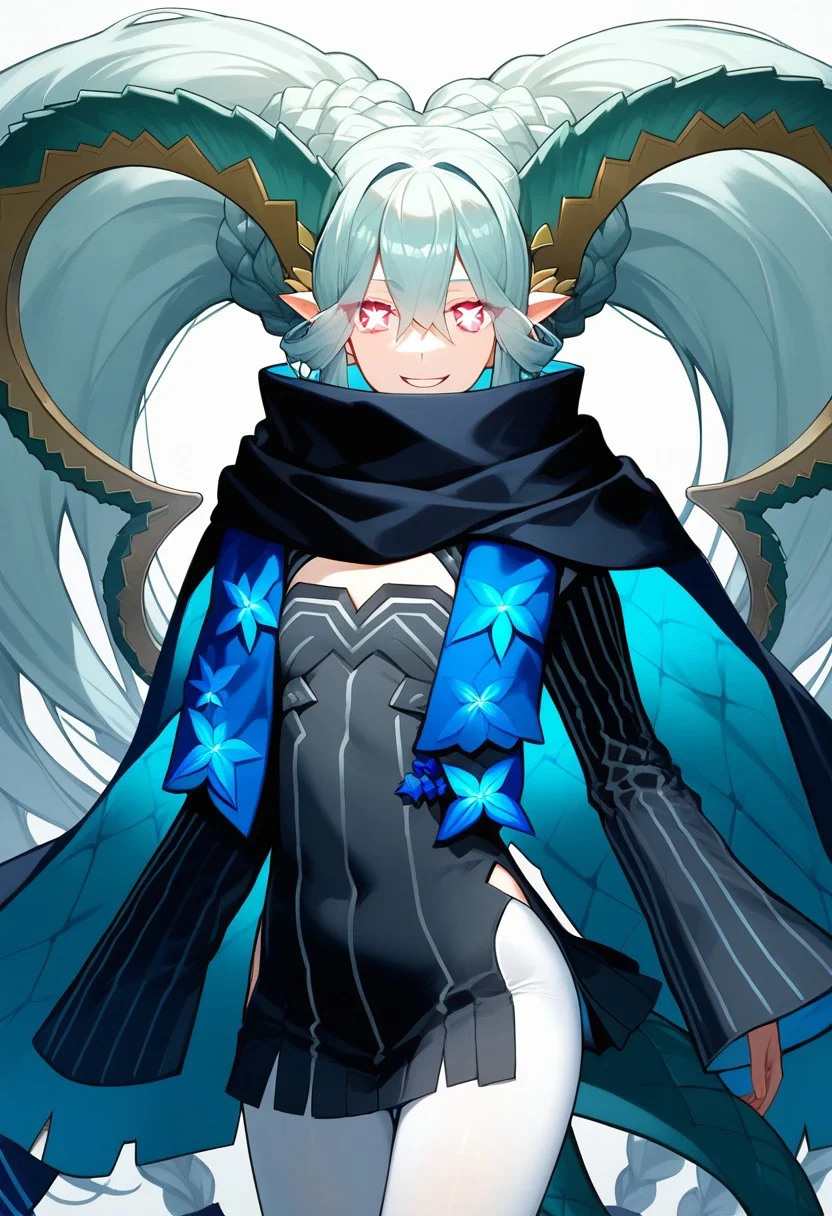 score_9, score_8_up, score_7_up, professional anime,1girl,female,solo,(Tiamat from fate grand order),horns, pointy ears, blue hair, symbol-shaped pupils, pink eyes, double bun, braid, twintails, scarf, short dress, black dress, long sleeves, sleeves past fingers, white pantyhose, tail,petite girl,short female,short girl,petite female,age regression, perfect body,smile,