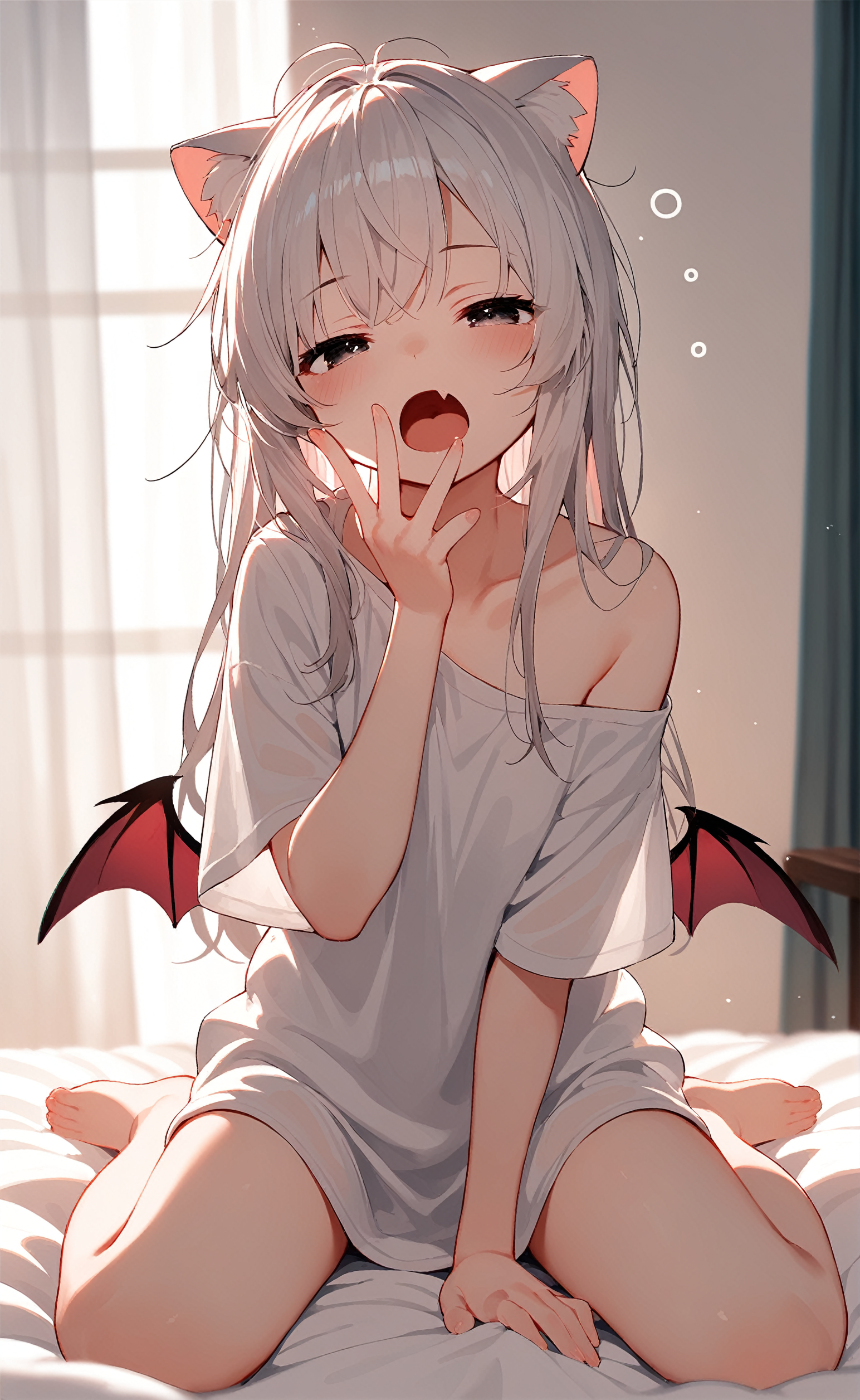 <lora:8.19å®å¶èæå¶å:0.8>,1girl,adorable_girl,long hair,black eyes,silver hair,(demon_wings:1.2),demon_tail,animal ear fluff,
wariza,solo,open mouth,yawning,barefoot,white shirt,off shoulder,bangs,short sleeves,single bare shoulder,full body,bare legs,indoors,curtains,collarbone,split-color hair,waking up,bed sheet,messy hair,between legs,sleepy,on bed,skin fang,blush,backlighting,hand between legs,thighs,half-closed eyes,bed sheet,
cowboy shot,looking_at_viewer,solo_focus,anime,score_9,score_8_up,score_7_up,masterpiece,