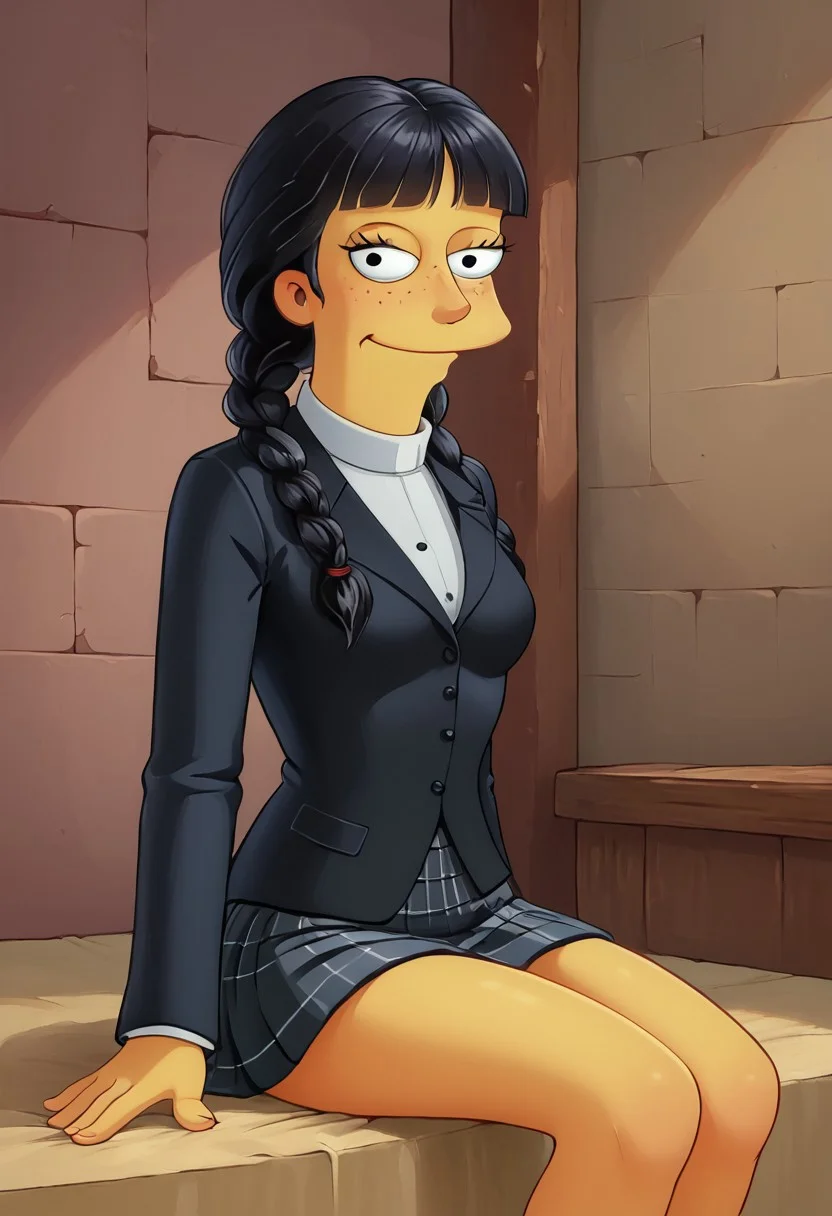 score_9, score_8_up, score_7_up, source: illustration, detailed, Jessica_Lovejoy, Simpsons, Wednesday_Addams, black hair with bangs, front long pigtails, freckles, black eyes, big eyelids, open eyes, small breasts, detailed, semi-realistic, solo,
Stone walls castle bedroom, detailed bedroom, furniture, dim, detailed background,
Wearing a black tight blazer and a ruffled mini skirt, provocative,
sexy, beautiful, happy, smirking, sitting