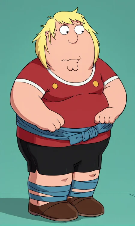 chris_griffin, familyguy_style, score_9_up, score_8_up, score_7_up, score_6_up, 1boy, solo, blonde hair, fat, (legs together), (Cyan)(Wrap top:1.2), (Alabaster)(High-waisted leather leggings with a glossy finish.), (lunar base background:1.2), (look), (wavy mouth), <lora:FamilyGuy_Style-000014:1>