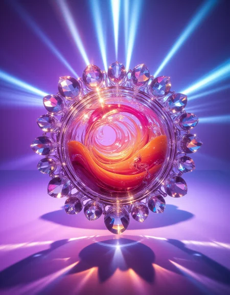 A floating, ethereal structure crafted from crystalline fine-cut glass, its surfaces fractured into intricate prismatic facets. Liquid marble swirls in fiery orange and neon pink cascade within the glass, as if alive. Light pulses from within, casting holographic beams outward, blending into a soft lavender and cobalt blue haze. The scene is otherworldly, as if suspended in a shifting cosmic expanse.
<lora:ral-kntcscptr-flux:1> <lora:Fine-Cut_Glass_Flux:1>