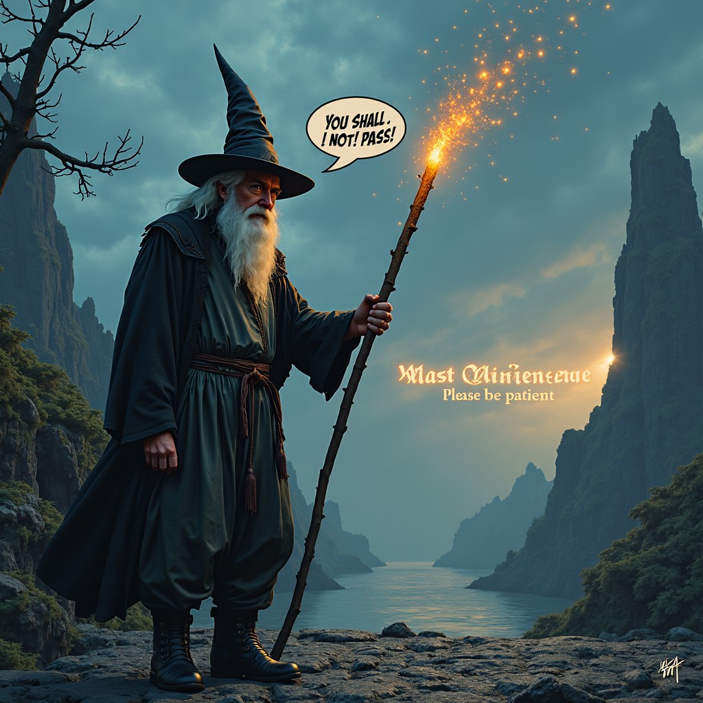 photorealistic masterpiece, Gandalf the sorcerer blocking an epic bridge with his long magic-pole facing the viewer, shouting, its expressed with a comic-speech-bubble, "You! Shall! Not! Pass!". Beside that in the background the words "Maintenance - Please be patient" is illuminated into the sky.