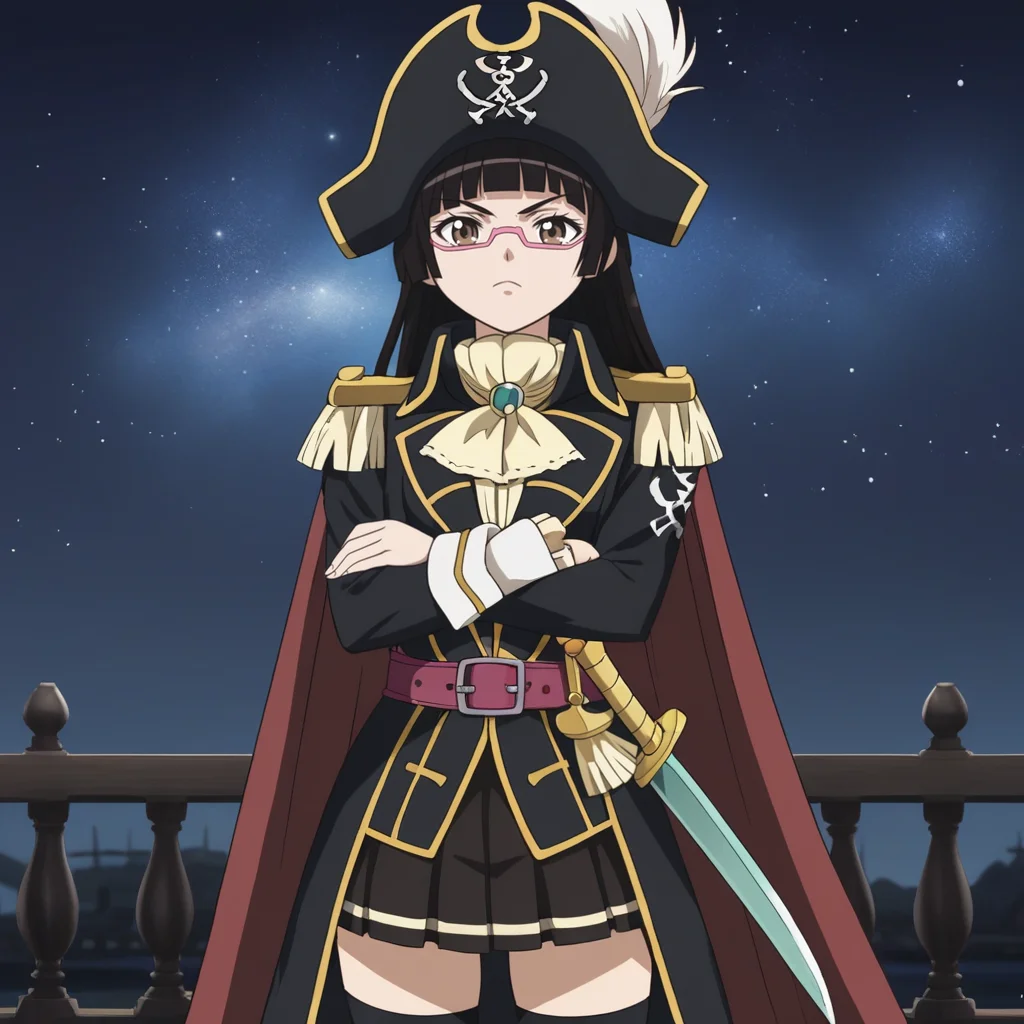 1girl, solo, Ch1ak1Kur1hara, long hair, blunt bangs, hime cut, black hair, brown eyes, glasses, semi-rimless eyewear, under-rim eyewear, pink-framed eyewear, pirate hat, pirate, cape, epaulettes, ascot, belt, skirt, black thighhighs, zettai ryouiki, sword, weapon, standing, crossed arms, night, starry sky, outdoors, nebula, <lora:Chiaki - Mouretsu Pirates-000010:0.8>, score_9, score_8_up, score_7_up, source_anime