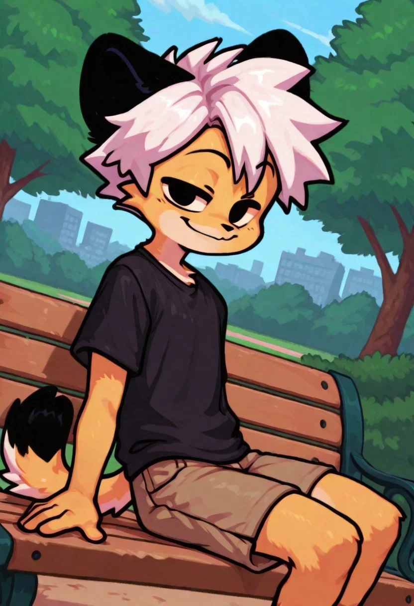 fnfstyle, friday night funkin, masterpiece, hires, 1boy, mikus, yellow fur, black eyes, black tip tail, black ears, white hair, black shirt, shorts, smile, park, looking at viewer, side view, sitting, bench, dutch angle,