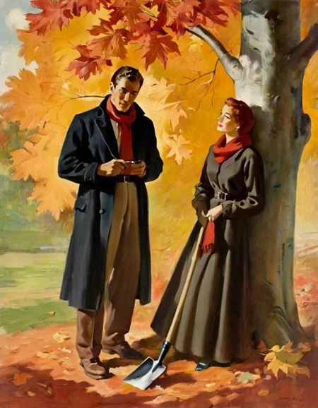professional model  sundblom  painting depicting a man and a woman standing in an outdoor setting, amidst a backdrop of vibrant fall foliage. The woman stands in the foreground, holding a garden tool, dressed in a light-colored dress that suggests a casual yet thoughtful demeanor. Her expression appears contemplative, as she gazes slightly off to the side. Behind her, the man leans against a tree trunk, observing the scene with an air of confidence. He is dressed in a dark jacket, with a distinctive red scarf around his neck, accentuating his rugged appearance. The tree, from which the pair emerges, is adorned with richly colored leaves, creating a warm and inviting atmosphere. In the background, a birdhouse is attached to the tree, lending a touch of homeliness to the rural scene. Leaves in shades of red and orange cover the ground, hinting at the autumnal setting. The overall composition evokes a sense of connection to nature, perhaps reflecting themes of companionship, hard work, and the beauty of the changing seasons. The illustration combines elements of realism. The setting is the Northeast of the United States in 1957. highly detailed, volumetric, dramatic lighting <lora:HSundblom1-000003:1> <