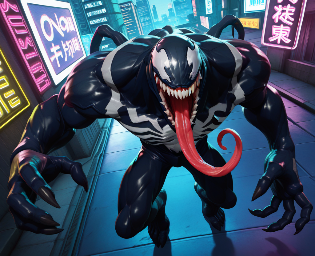 absurdres, highres, 3d, <venom <lora:venom_ILLUS-000007:0.7>, vm1, monster, long tongue, facing viewer, teeth, looking at viewer, from above, dutch angle, outdoors, clenched teeth, sharp fingernails, cityscape, neon lights, cyberpunk,