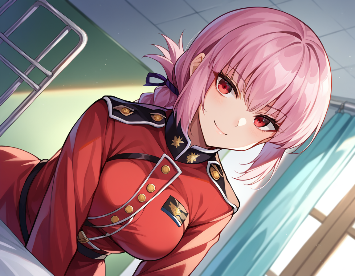 score_9, score_8_up, score_7_up, source_anime,
florencenightingale, <lora:florence-nightingale-ponyxl-lora-nochekaiser:1>,
florence nightingale, pink hair, long hair, red eyes, hair braid, sidelocks, folded ponytail, single braid, braid, braided ponytail,
military, military uniform, uniform, red uniform,
indoors, hospital, bent over, smile,
looking at viewer, dutch angle,