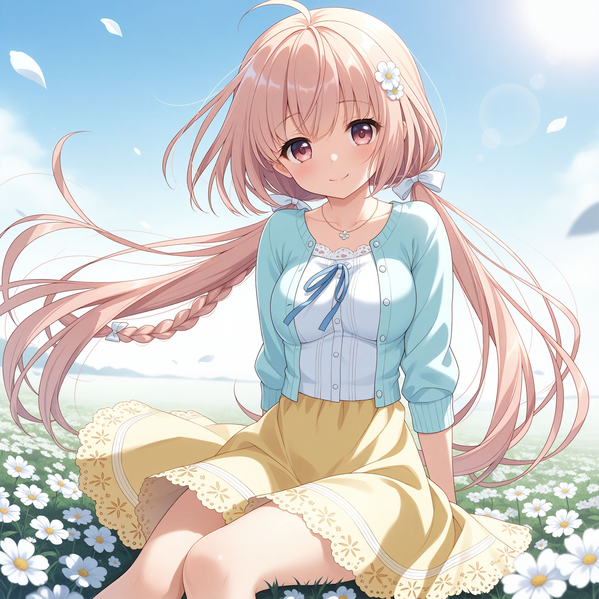 <lora:Haru_karehana_1_nai-000036:1>,Haru \(karehana\),low twintails,
side braid,hair flower,hair bow,white bow,yellow skirt,necklace,light blue cardigan,white shirt,lace-trimmed shirt,open cardigan,shirt ribbon,blue ribbon,lace-trimmed skirt,white-trimmed skirt,
BREAK
1girl,solo,smile,sitting,flower field,white flower,wind,floating hair,day,falling petals,depth of field,lens_flare,