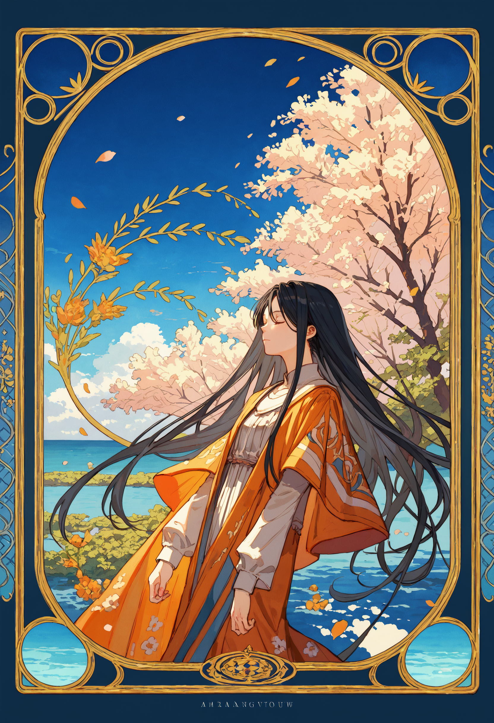 score_9, score_8_up, score_7_up, masterpiece, best quality, very aesthetic, absurdres,
<lora:Amano_Kozue_å¤©éããã_Style_Pony-000010:0.8> (amano_kozue:1.2), art nouveau, 
1girl, solo, black hair, long hair, closed eyes, symmetry, 
blue sky, ocean, port  town,