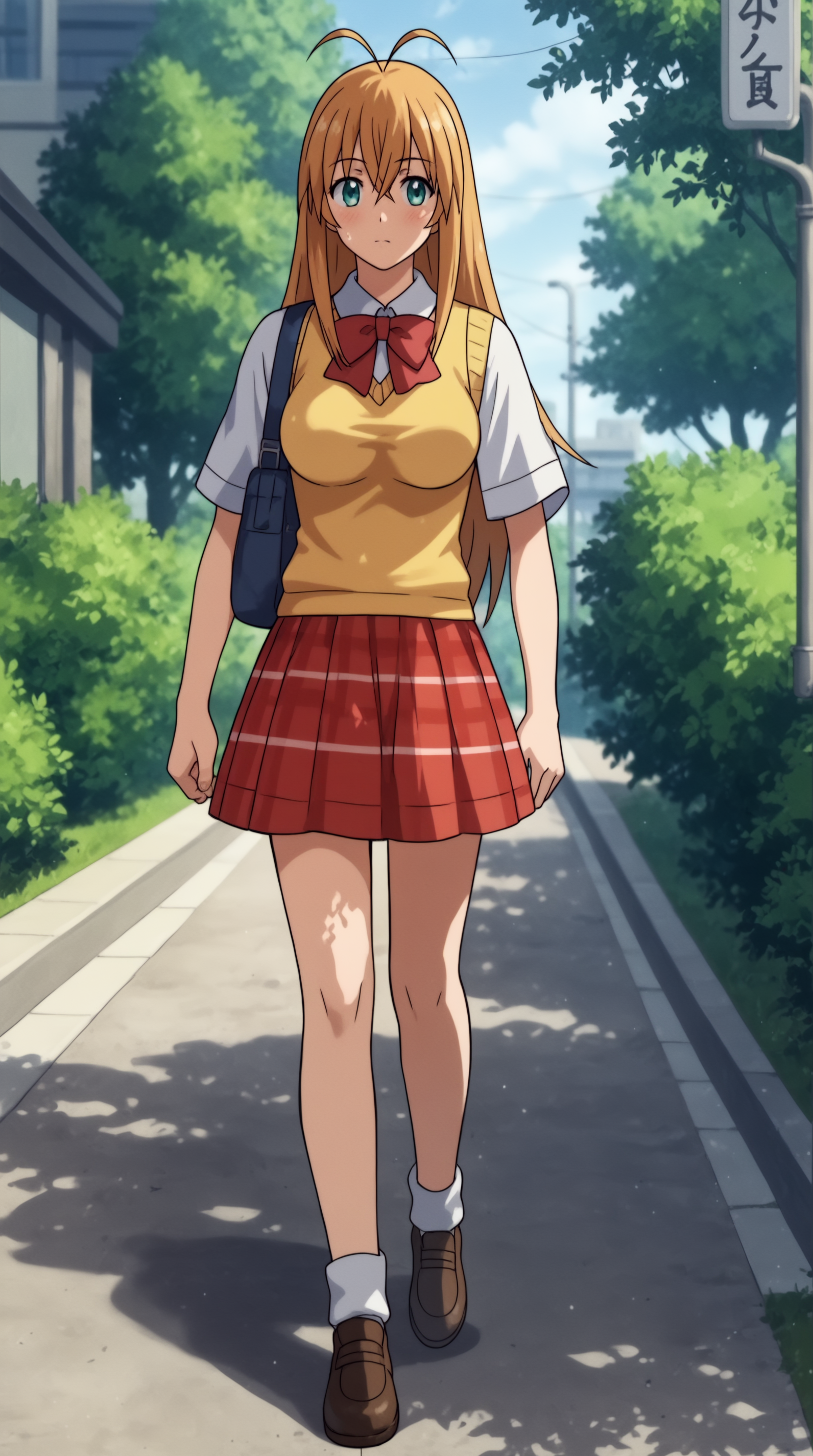 score_9, score_8_up, score_7_up, best background, detailed background, 4k, upscale, anime_source,  Hakufu Sonsaku, Main Outfit, solo, walking, outdoors, blush,   <lora:JN_Hakufu_Sonsaku_Pony:0.8>