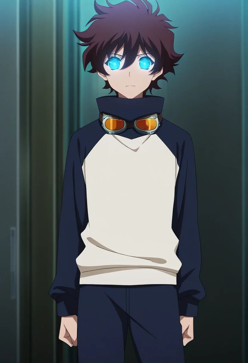 masterpiece, best quality, anime screencap, official style, anime coloring, cowboy shot, 1boy, solo, male focus, <lora:leonardo_watch_ilxl:0.92>, leonardo_watch, brown hair, short hair, hair between eyes, bangs, blue eyes, glowing eyes, goggles around neck, ,