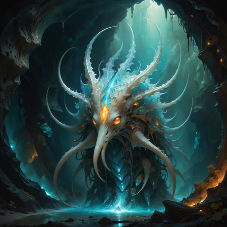 <lora:xl_more_art-full-xl:0.6>, <lora:add-detail-xl:2.0>, famous artwork (by anne bachelier:1.3), detailed expressive eyes, fantasy style, deep in the crystalline caverns of planet new grinflob roams a silicon-based life form, the polite snodderquack, shown here as it is emerging from its tunnel lair in the vibrant, gemstone-studded walls of the underground vilderbloom, this creature is covered in crystalline xivturb arranged in wondrous fractal patterns, reflecting the iridescent glow of the bioluminescent fungi around it, one should watch out for its dangerous youbled tail, ultra high detail, ultra realistic, 8k