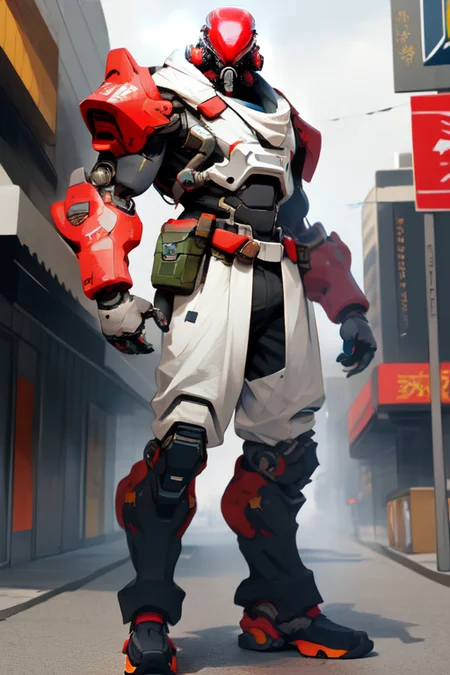 absurdres, 1boy, exosuit, machinery, military, gas mask, bald, upper armor, mechanical arms, solo, standing, looking at viewer, male focus, pants, boots, street,
<lora:nijiarmor_v2:1>