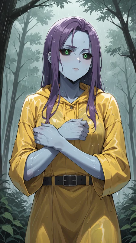 score_9,score_8_up,score_7_up,score_6_up, <lora:xl_more_art-full_v1:0.5>, source_anime, woman, dynamic pose, looking into the distance, <lora:Chitose Kizuki (Curious) - Pony-000004:0.8>, blue skin, long hair, purple hair, black eyes, green pupils, yellow raincoat, closed clothes, forest, raining, wet hair, belt, gloomy, dim lighting, grey lighting,