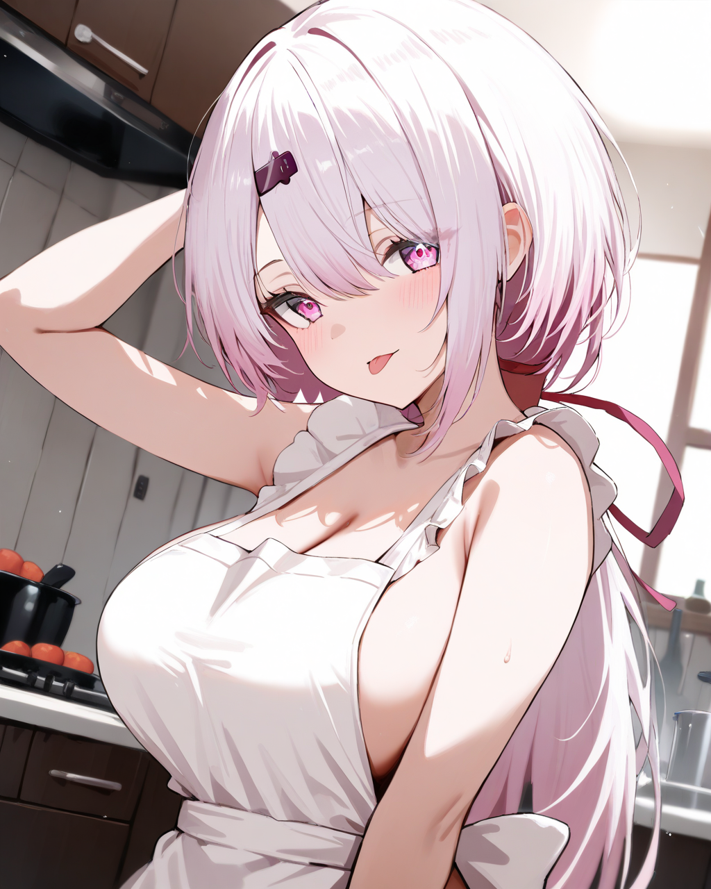 1girl,
ShiinaYuikaNijisanji,
safe, dynamic angle, upper body, 
low ponytail, hair ribbon, hair ornament,
beautiful eyes, looking at viewer,
tehepero, tongue,
naked apron, large breasts,
hand on own head,
kitchen,
depth of field,
<lora:kp_ShiinaYuikaNijisanji1stCostumeAnimagineXL_v1_1:1.0>,
masterpiece, high score, great score, absurdres