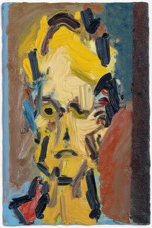 fraauer1 abstract painting. An abstract expressionist painting. The artwork features a stylized, abstract depiction of a man's face using thick, impasto brushstrokes in various colors. The central figure, a face, is rendered in a chaotic, expressive manner. The face is painted in a mix of yellows, browns, and blacks, with some hints of blue and red. The colors are applied in rough, textured strokes, giving the face a rough, almost rugged appearance. <lora:fraauer1_cap_d6a3:1.0><lora:811766845205058325:0>