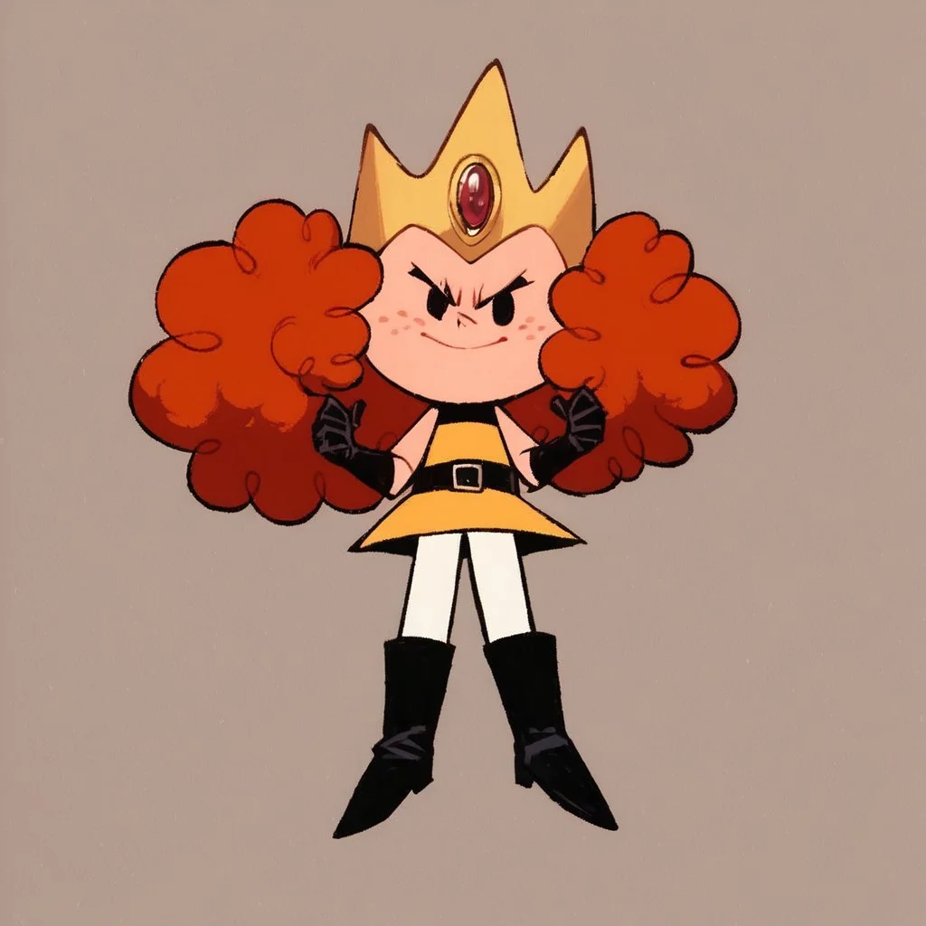score_9, score_8_up, score_7_up 1girl, dark red hair, twin curly poof hair, freckles, yellow dress, jeweled ruby tiara, white tights, black belt, black boots, black gloves, solo, crown, gloves, black eyes, v-shaped eyebrows, forehead jewel