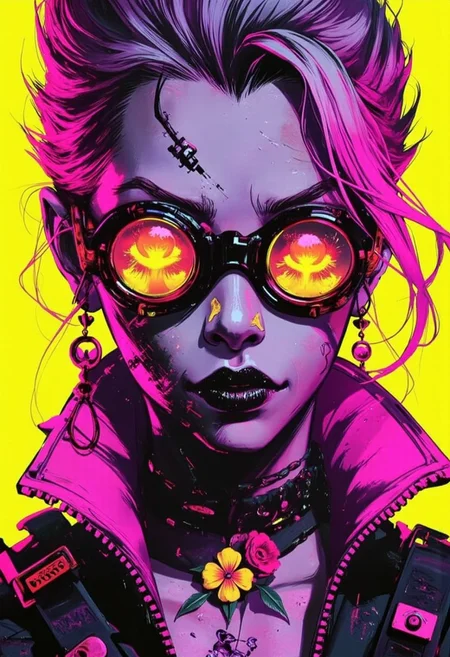 bo-neon, ArcaneFGTNR, a digital illustration in a vibrant, gothic style, it features a close-up of a young woman's face, with striking, exaggerated features, her skin is a pale, her eyes are large and vivid, with a striking amber hue, and her lips are full and slightly parted, revealing a playful, mischievous naughty smile, she has windblown hair with pink highlights, with loose strands framing her face, her makeup is sexy bold and dramatic, with thick, black eyeliner and mascara accentuating her large, expressive eyes, she wears large earrings and a striking necklace of flowers, and a pink, high-collared top with a lot of fur and lace, the background is a solid, bright yellow, which contrasts sharply with her vivid colors, making her stand out vividly, the overall composition is dynamic, with the woman's expression and makeup drawing the viewer's attention, high quality, ultra detailed, colorful, grainy, cyberpunk fantasy<lora:ArcaneFGTNR.safetensors:1.0:1.0> <lora:Flux\boFLUX Neon Abyss.safetensors:1.0:1.0>