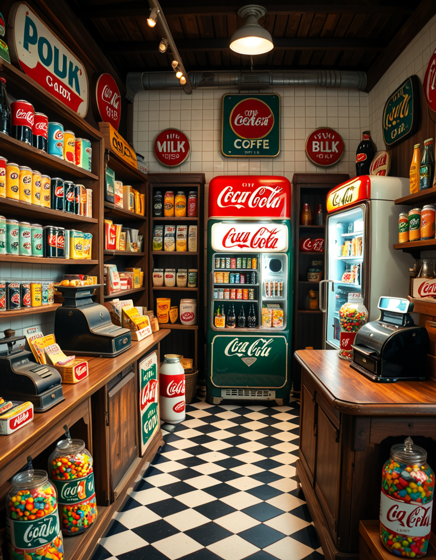 A vintage 1950s grocery store filled with nostalgic details. Wooden shelves neatly stocked with classic canned goods, glass soda bottles, and colorful retro packaging. An old-fashioned cash register sits on the wooden counter, next to a small scale for weighing produce. The checkered black-and-white tile floor adds to the mid-century charm, while hand-painted signs on the walls advertise milk, bread, and coffee in bold, retro fonts. A display of penny candy in glass jars sits near the entrance, and a vintage Coca-Cola refrigerator hums in the background. Soft, warm lighting casts a nostalgic glow over the scene, enhancing the rich textures of wood, glass, and metal, capturing the essence of a bygone era.
<lora:SDXLFaeTastic2400:0.4> <lora:extremely_detailed:0.4> extremely detailed
 <lora:1950s_grocery_st0r3:1>,1950s grocery st0r3, Masterpiece,best quality,hi res,8k,hi res,8k,award winning,(sharp focus, intricate, highly detailed),