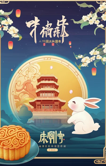 Art Nouveau style masterpiece,best quality,<lora:zqhb-000009:0.8>,scenery,bunny,east_asian_architecture,full_moon,poster design,night_sky,border,say,put the mooncakes on the plate, . elegant, decorative, curvilinear forms, nature-inspired, ornate, detailed