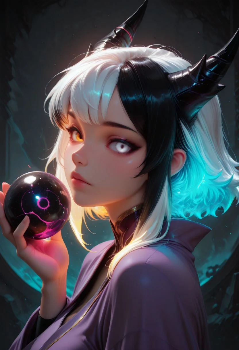 SmoothNoob_Quality, 1girl, solo, demon girl, solo, purple robe, black hair, white hair, multicolored hair, glowing hair, looking at the viewer, heterochromia eyes, white eye, neon color palette, holding orb, floating orb, eerie, dynamic lighting, shadows, dynamic angle, from side, portrait, abstract background, <lora:SmoothStyle_Lambda:1>