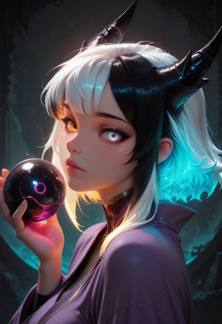 SmoothNoob_Quality, 1girl, solo, demon girl, solo, purple robe, black hair, white hair, multicolored hair, glowing hair, looking at the viewer, heterochromia eyes, white eye, neon color palette, holding orb, floating orb, eerie, dynamic lighting, shadows, dynamic angle, from side, portrait, abstract background, <lora:SmoothStyle_Lambda:1>