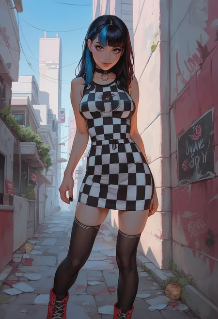 score_9, score_8_up, score_7_up, 1girl, 18yo, girl, emo, summer dress, dynamic pose, sweatshirt, mid thigh dress, choker ribbon, checkered and striped clothes, stockings, waist silver chain, black and (pink:0.75) makeup, eyeliner, gumshoes, look at viewer. outdoor, urban background, cowboy shot, shadows, sunny day, busy city. long side bangs, pale skin, (hazel:0.6) eyes, (black:0.8) hair, blue streaks hair, hairstyle wolf cut, skinny, thin hands, petite body, upturned nose, sharp nose, shy smile, narrow shoulders, narrow wais, medium breasts, (round butt outline, breasts outline:0.75),wide hips, pear body shape, detailed face, cute face, pretty eyes, perfect eyes, detailed eyes, semi-realistic, photorealistic face, urban background, PRSNL_3_1