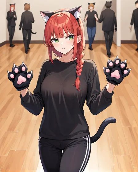 score_9, score_8_up, 1girl, masterpiece, solo, <lora:Black_Cat_costume:1> bl4ckc4t, animal ears, tail, cat ears, animal hands, makima