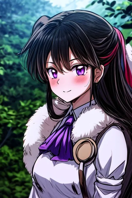 masterpiece, best quality 1girl Setsun4 solo long hair, (night time) forest background black hair very long hair purple eyes multicolored hair armor (fur trim) (medium body),<lora:EMS-179-EMS:0.800000>,<lora:EMS-293862-EMS:0.800000> bow, hair_bow, hair_tubes, red_bow, brown_hair, long_hair, bangs, ascot, frilled_bow, yellow_ascot, blush, smile, hair_between_eyes, athletic