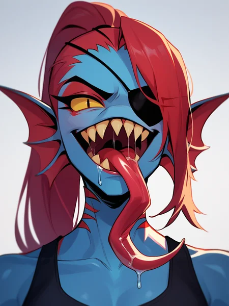 Score_9, score_8_up, score_7_up, score_6_up,  source_anime, 1girl, solo, portrait, BREAK,   undyne, big teeth, sharp teeth, BREAK,, <lora:Concept_Chompers:1>, long tongue, saliva,