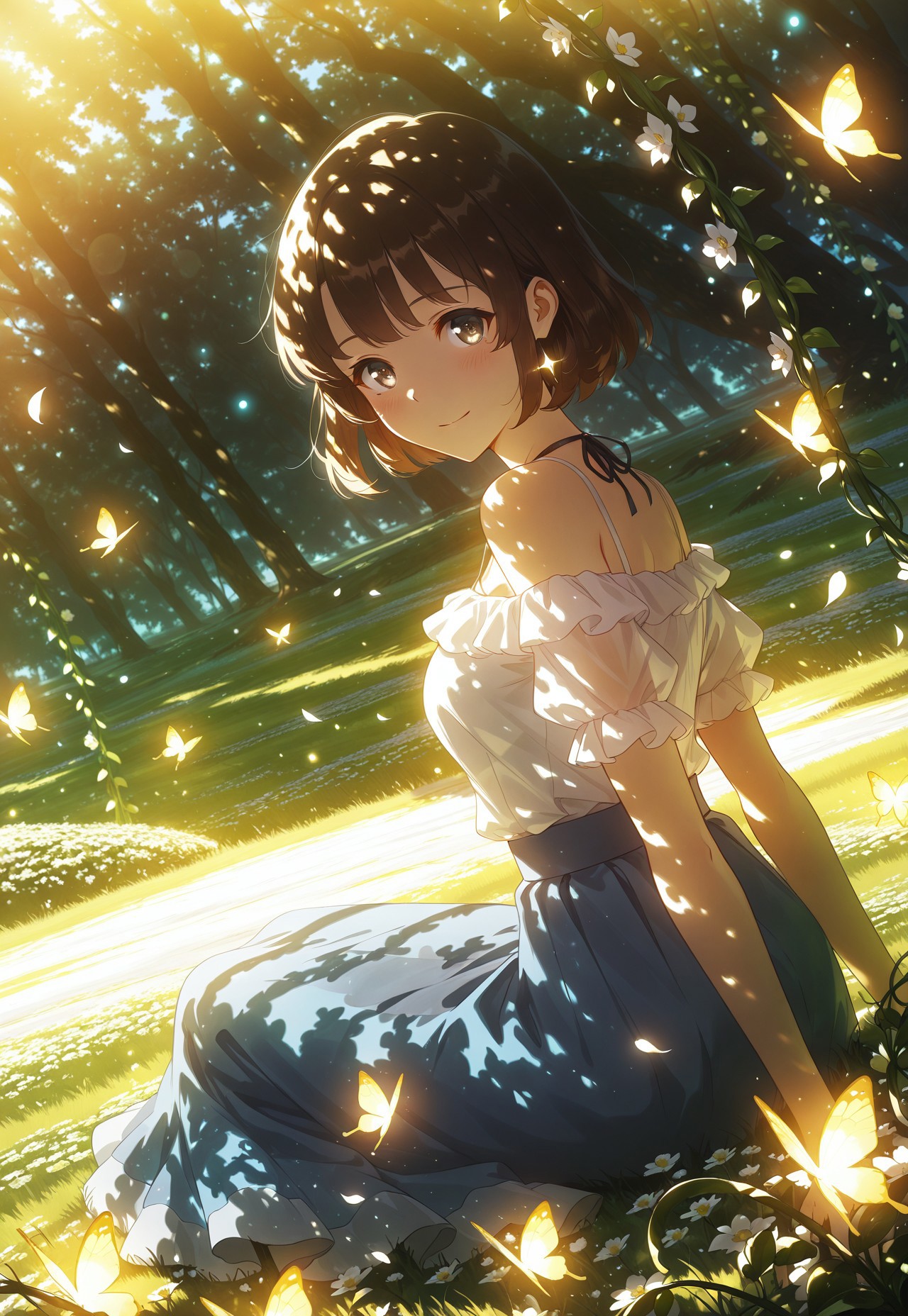safe_pos, dynamic view, dutch angle, dynamic angle, cinematic framing, (digital painting:0.8), auralora, (aura:0.2), mythp0rt, bokeh, (luminescent background:0.8), 

elegant, masterpiece, best quality, highly detailed, high contrast, dramatic shadows, raytracing, subsurface scattering, 

gentle smile, off-shoulder white blouse, long flowing skirt, sky blue skirt, glowing butterflies, floating petals, magical sparkles, translucent fabric, soft blush, sitting on grass, flower vines , looking at viewer, 

(solo), 1girl, m3gum1kat0, bangs, brown hair,pupils,brown eyes,short hair, ((detailed eyes))