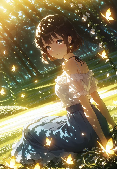 safe_pos, dynamic view, dutch angle, dynamic angle, cinematic framing, (digital painting:0.8), auralora, (aura:0.2), mythp0rt, bokeh, (luminescent background:0.8),
elegant, masterpiece, best quality, highly detailed, high contrast, dramatic shadows, raytracing, subsurface scattering,
gentle smile, off-shoulder white blouse, long flowing skirt, sky blue skirt, glowing butterflies, floating petals, magical sparkles, translucent fabric, soft blush, sitting on grass, flower vines , looking at viewer,
(solo), 1girl, m3gum1kat0, bangs, brown hair,pupils,brown eyes,short hair, ((detailed eyes))