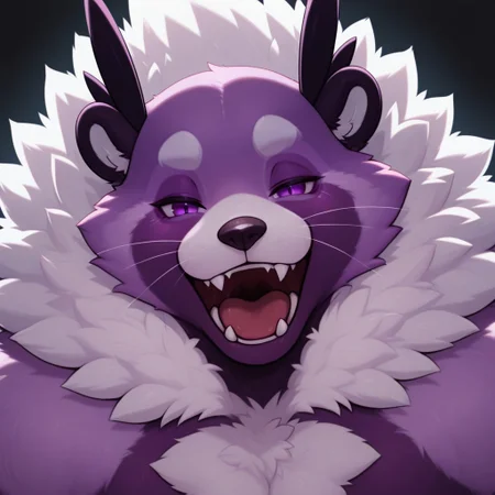 masterpiece, detailed background, best quality, absurd res, high detail, aesthetic, smooth drawing,
BentoC, furry male, viverrid, werebinturong, huge, fluffy, face focus, yawning, open mouth, looking at viewer, purple eyes, fangs, straight-on, black background, whiskers,