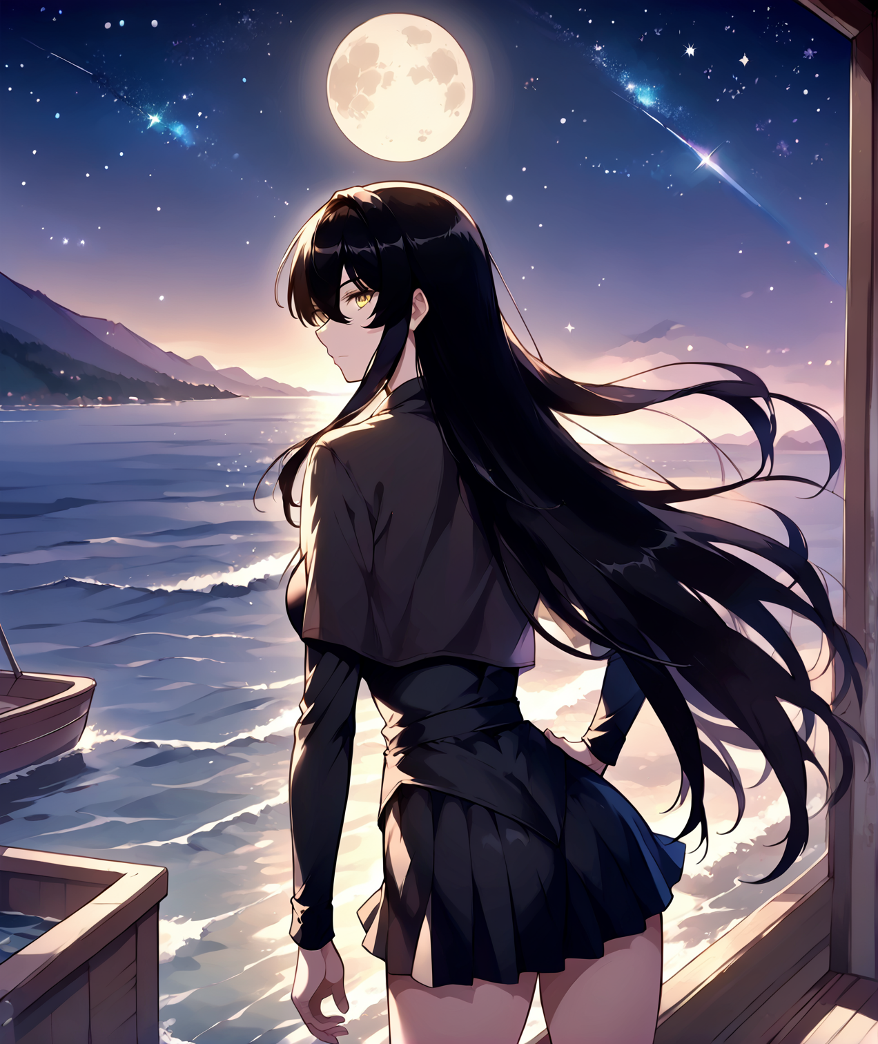 <lora:Isabelle:1>
1 girl, solo, black hair, very long hair, loose hair, hair between the eyes, yellow eyes, <lora:Eyes_High_Definition:1>, big breasts, cleavage, short skirt, knee boots<lora:!action-sdxl-V0.5:1>
score_9, score_8_up, score_7_up, source anime, BREAK, black dress, black sleeves, cowboy shot, (from behind), looking back, looking at viewer, overlooking mountain, hand on hip, high altitude, scenery, inside a boat, high seas, ocean background, expression of happiness, perfect hands, night, starry sky, full moon,  <lora:light:1>