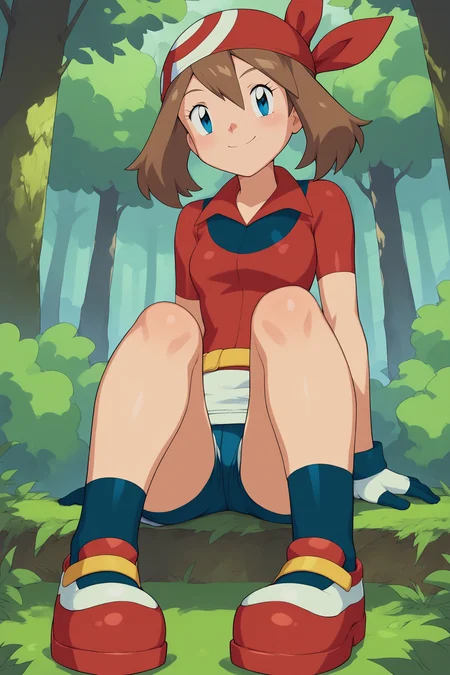 score_9, score_8_up, score_7_up, score_6_up, BREAK, MayPXL, blue eyes, brown hair, short hair, hair between eyes, red bandana, small breasts, red shirt, short sleeves, gloves, white skirt, blue shorts, blue socks, red shoes, solo, full body, sitting, bellow view, seductive smile, looking at viewer, forest <lora:MayPXL:1>