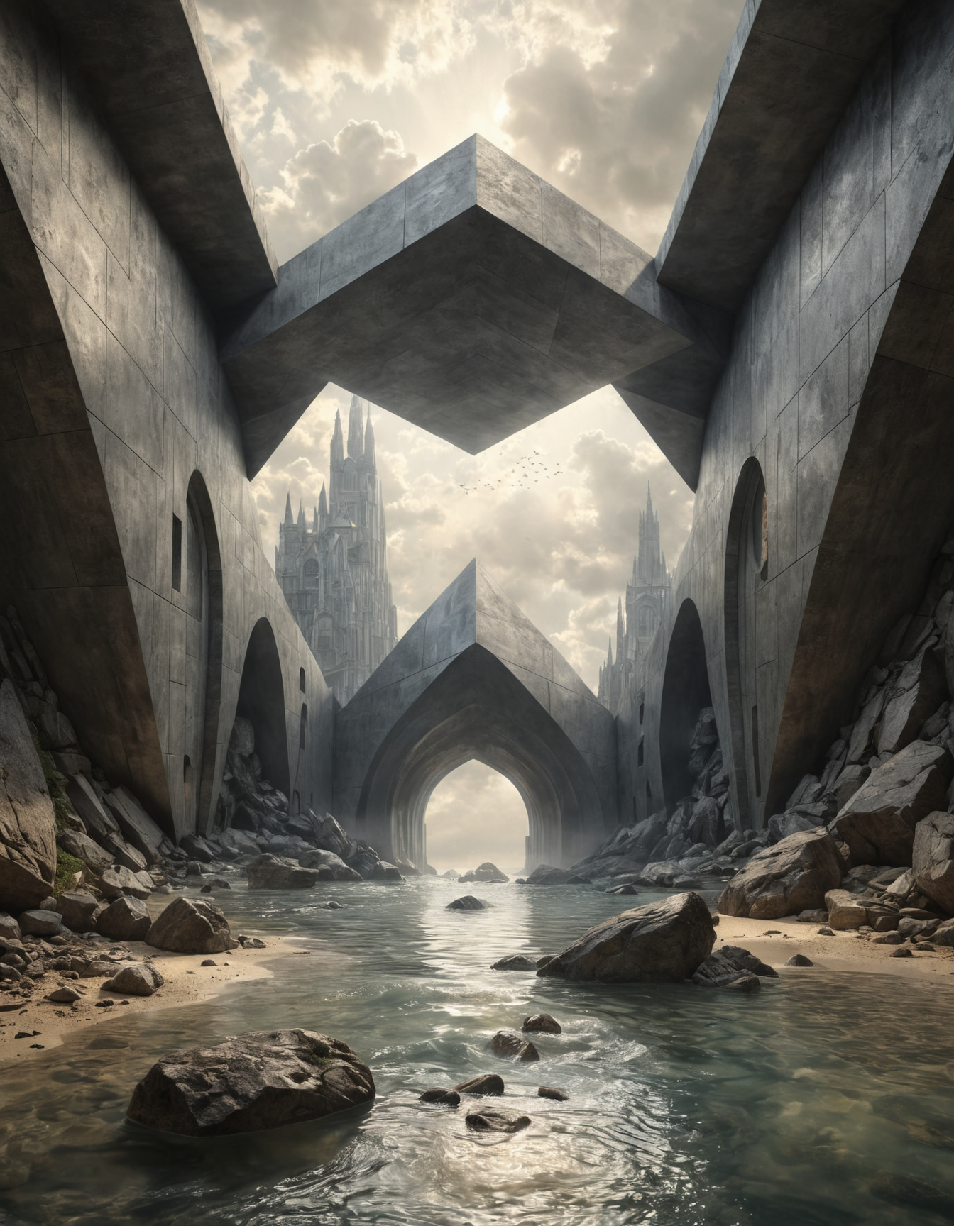hyper realistic and highly detailed,  heavenly, serene, geometric, gorgeous, by Amandine Van Ray and by Andreas Achenbach, perfect composition. panoramic full shot, Graphite Gray hue
 <lora:add-detail-xl:0.7>