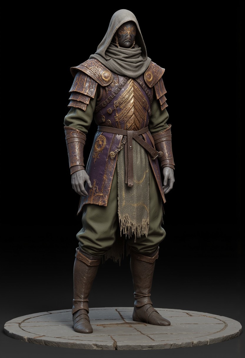 Bandit dressed in a medieval fantasy  Adventurer Set 
 wearing distinctive layered armor. The character has a sturdy leather breastplate decorated with an eye-catching chevron pattern in copper or bronze tones. Their outfit consists of olive green padded clothing underneath, with short pants and wrapped arm guards. A light head wrapping and simple circlet protect their head, while practical leather boots complete the outfit. The armor design suggests a blend of protection and mobility, suited for traversing rough terrain. The color palette harmonizes earthy tones - browns, greens, and copper. The overall style appears influenced by fantasy RPG character design, with a practical adventurer's aesthetic that balances form and function.
The armor has multiple colors, ranging from dark purple to washed out green and blue turcoise tints
wearing a weathered grey hooded robe adorned with tattered edges and mysterious gold eclipse embroidery. Their face is obscured by shadows.
Standing on a flat gray ground  and black background, the camera angle is high rotated at a 45 degree angle
Set against a solid dark black color background to emphasize its unnatural form that emphasizes its silhouette. The medium is not a traditional painting or illustrative medium like watercolor or ink but rather a digital 3D rendering.
MikeFranchinastyle, bbstyle,, horror theme,, ZBClay model of a gray sculpture, zbrush, d4arks0uls, overcast lighting, jedioutfit