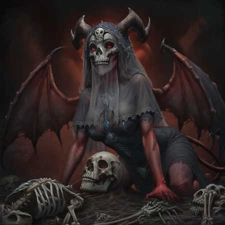 masterpiece, best quality, newest, absurdres, highres, DPILV1.0, 1girl, red skin, red colored skin, demon girl, succubus, demon horns, horns, demon wings, demon tail, wings, horror (theme), monster girl, skull, skull mask, bones, skeleton, veil, veiled face, mask,