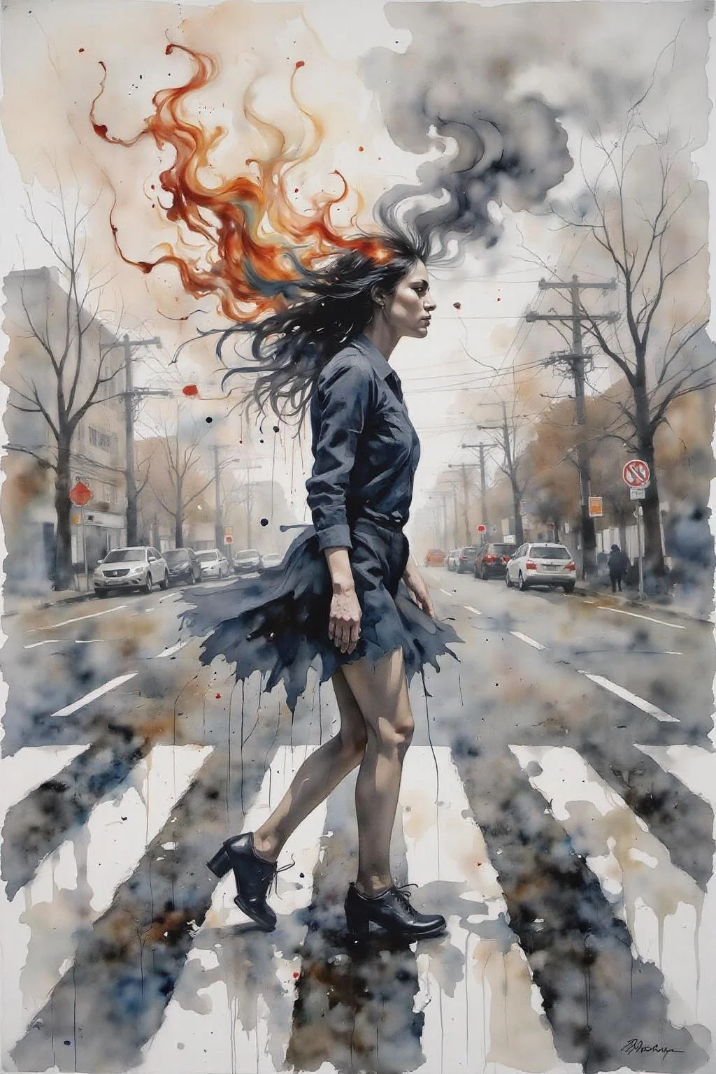 yawc1 watercolor.
Fantasy artwork. Profile of a woman with long black hair walking across the street at zebra crossing. Her hair is on fire, with black Smoke coming out of her head. <lora:yawcolor_nocap_d6a3:1.0> <lora:Flux-Sch-SingleBlocks-BF16:1.0><lora:799113291730364947:0>