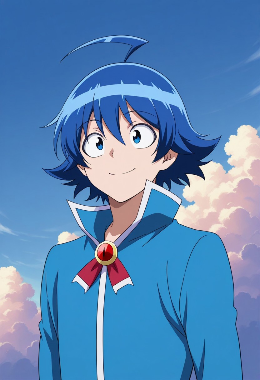 masterpiece,best quality,amazing quality, source_anime,
IrumaSuzuki, 1boy, male focus, solo, blue eyes, blue hair, ahoge, hair between eyes, school uniform, jacket, blue jacket, popped collar, brooch, bowtie, smile
outdoor, sky, day, clouds,