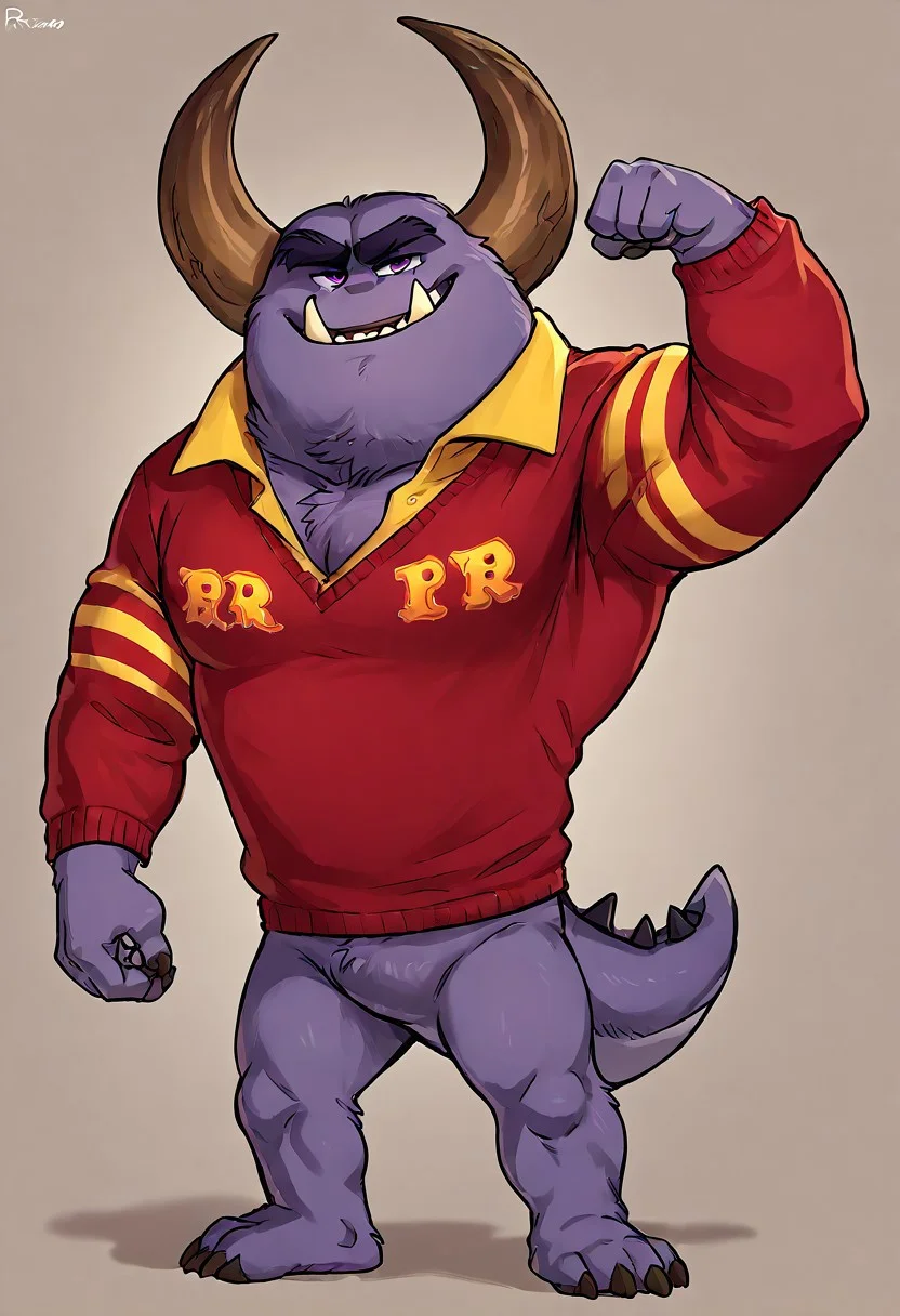 Expressiveh, solo, score_9, score_8_up, score_7_up, score_6_up, score_5_up, score_4_up, source_furry, hi res, johnny worthington, monster, satan-like monster, big horns, purple fur, upward-facing fangs, ((noseless)), thick eyebrows, muscular, purple eyes, claws, anthro, flexing, smirk, spiked tail, full body, male, looking at viewer, bottomless, random view, yellow polo shirt, red sweater, yellow arm trim, embroidered logo, RΩR logo, bottomless, random view