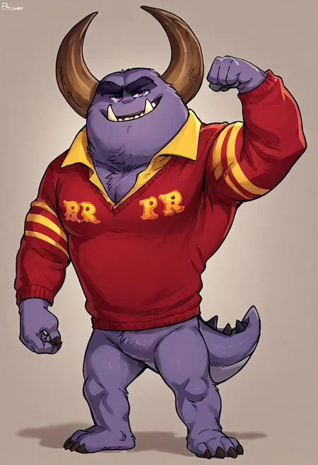 Expressiveh, solo, score_9, score_8_up, score_7_up, score_6_up, score_5_up, score_4_up, source_furry, hi res, johnny worthington, monster, satan-like monster, big horns, purple fur, upward-facing fangs, ((noseless)), thick eyebrows, muscular, purple eyes, claws, anthro, flexing, smirk, spiked tail, full body, male, looking at viewer, bottomless, random view, yellow polo shirt, red sweater, yellow arm trim, embroidered logo, RΩR logo, bottomless, random view