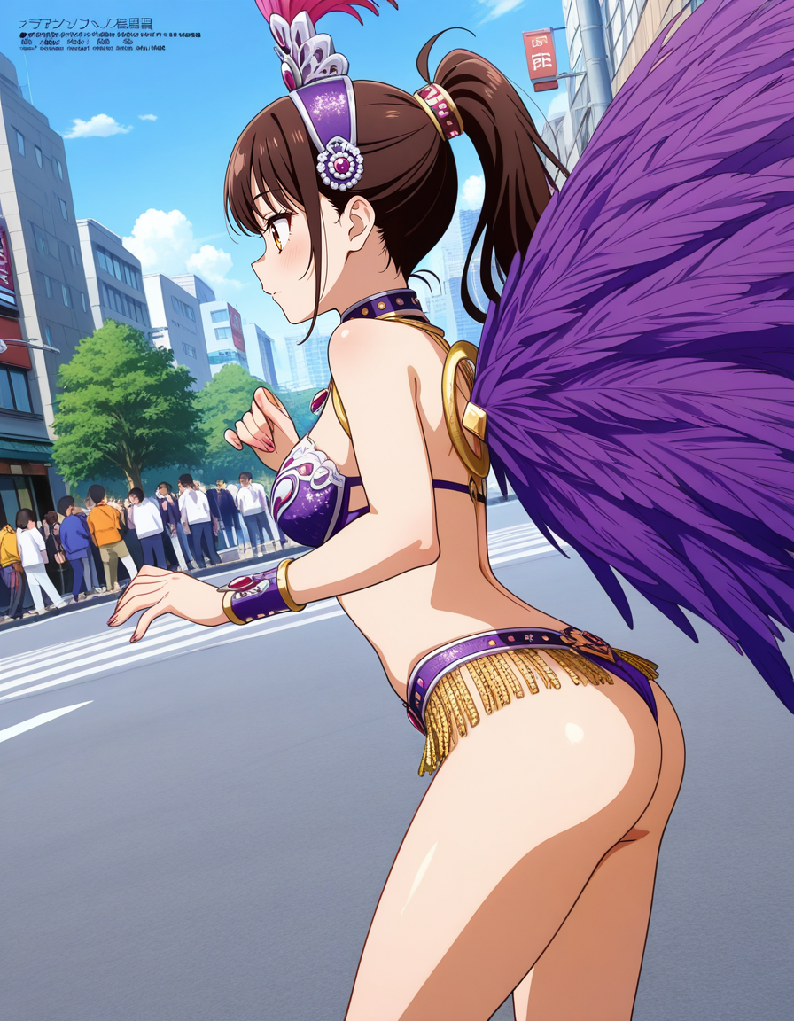 score_7_up, anime BREAK official art, solo, 1girl, one girl, 
dynamic angle, dynamic pose, megami magazine, 
BRERAK, 
<lora:Asakusa_Samba_Carnival_v2:0.8>, Asakusa Samba Carnival, outdoors, day, road, street, city, building, multiple girls, solo focus, dancing, Samba costume, 
jewelry, ass, revealing clothes, from side, dancing, fishnets, purple costume, 
(masterpiece:1.3), best quality, high resolution, unity 8k wallpaper, extremely detailed CG, 8K, perfect anatomy, highly finished, masterpiece, best quality, high quality, amazing quality, great quality, very aesthetic, ultra detailed, highres, absurdres, highly detailed, highly detailed background,