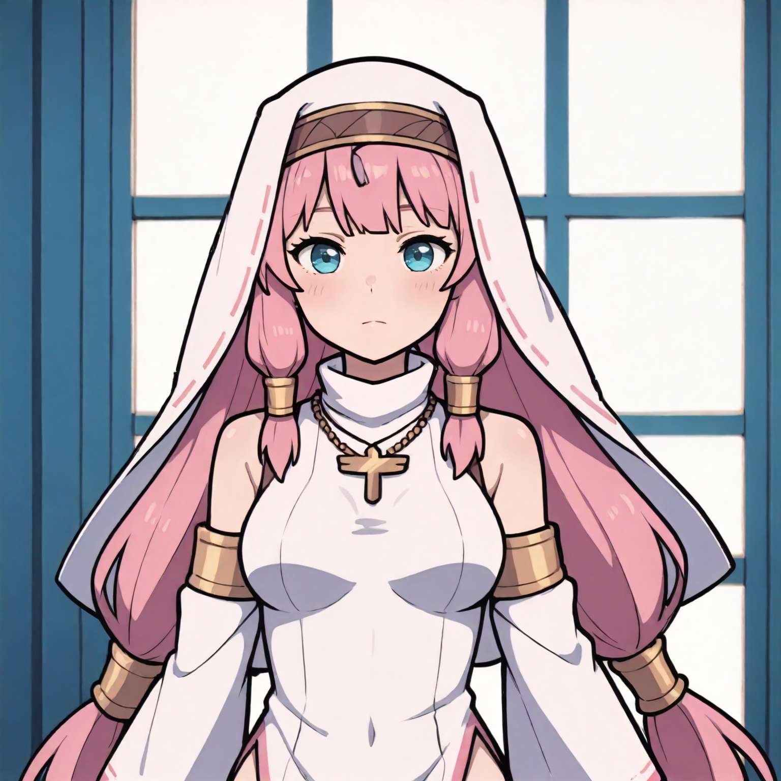 masterpiece, best quality, very aesthetic, absurdres, detailed, marinacc, 1girl,breasts,solo, long hair,very long hair,low twintails,pink hair,bangs,hair tubes,blue eyes, necklace,dress,detached sleeves,wide sleeves,headdress,head accessory,habit,exposed shoulders,side slit