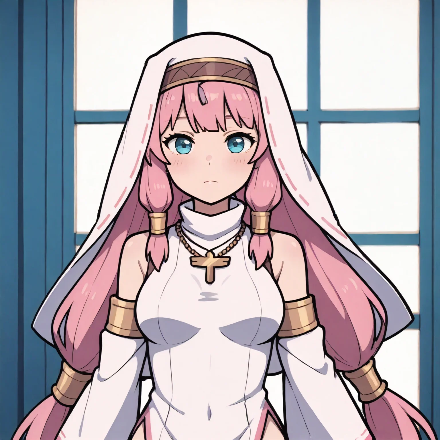masterpiece, best quality, very aesthetic, absurdres, detailed, marinacc, 1girl,breasts,solo, long hair,very long hair,low twintails,pink hair,bangs,hair tubes,blue eyes, necklace,dress,detached sleeves,wide sleeves,headdress,head accessory,habit,exposed shoulders,side slit