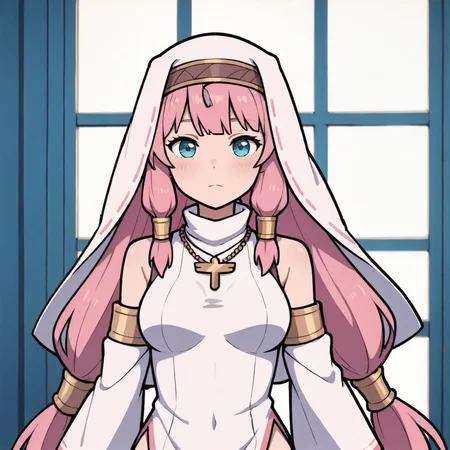masterpiece, best quality, very aesthetic, absurdres, detailed, marinacc, 1girl,breasts,solo, long hair,very long hair,low twintails,pink hair,bangs,hair tubes,blue eyes, necklace,dress,detached sleeves,wide sleeves,headdress,head accessory,habit,exposed shoulders,side slit