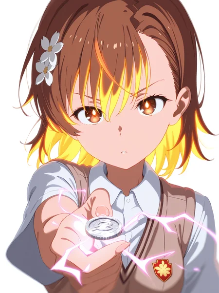 <lora:nai_ILL:0.8>,
theine, <lora:theobrobine-guy90-Illust-Lycorisv1:0.8>,
<lora:Glowing_Spot_Color_-_Illustrious:0.6>, glowing eyes, streaked hair, glowing inner hair, glowing streaks,
fighting_stance, 
mikoto misaka, short hair, brown hair, hair ornament, hair flower, brown eyes, tokiwadai uniform school, 1girl, alone, masterpiece, highres, highly detailed face, <lora:railgun_technique:0.8>, coin, holding coin, facing viewer, looking at the viewer, electricity, electrokinesis, white background, simple background