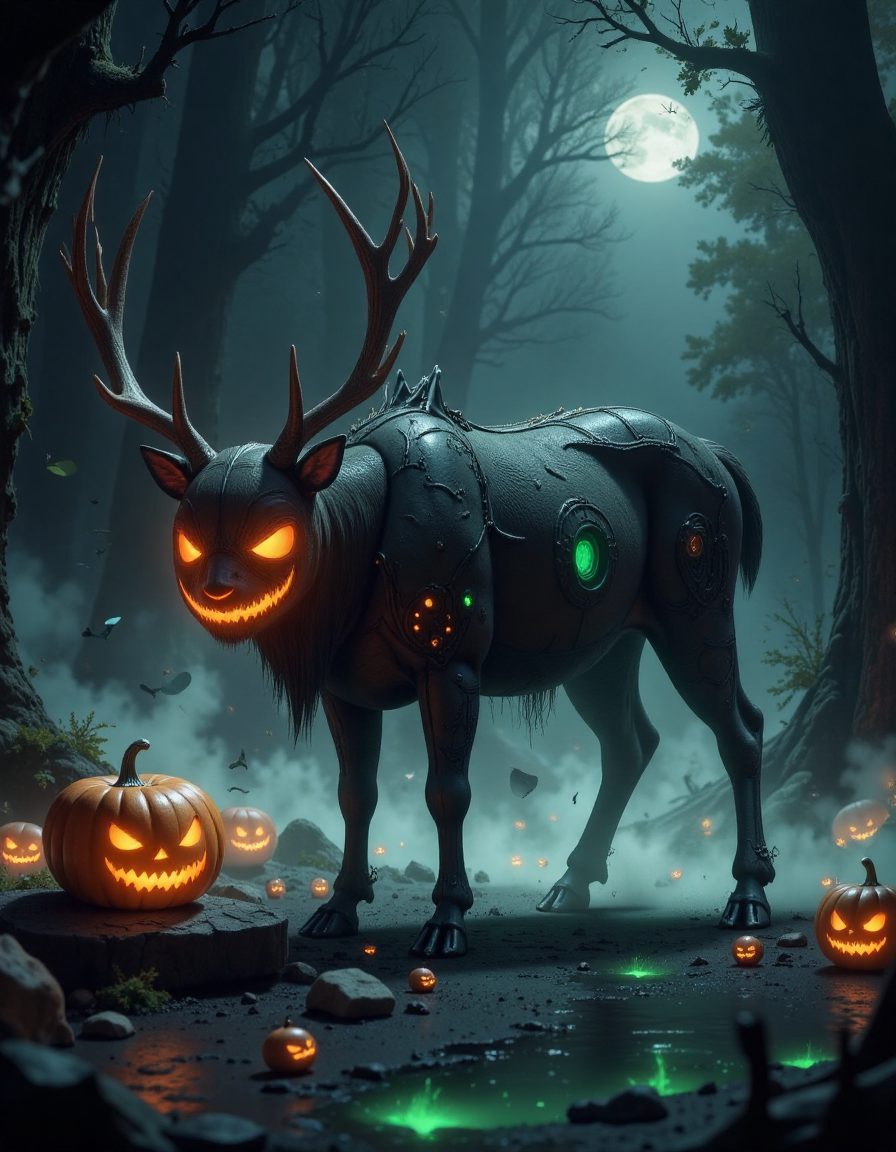 a photo  of a spooky halloween sifi a deer grazing in the forest, in the style of hall0w33n