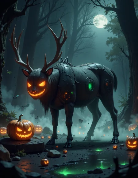 a photo of a spooky halloween sifi a deer grazing in the forest, in the style of hall0w33n