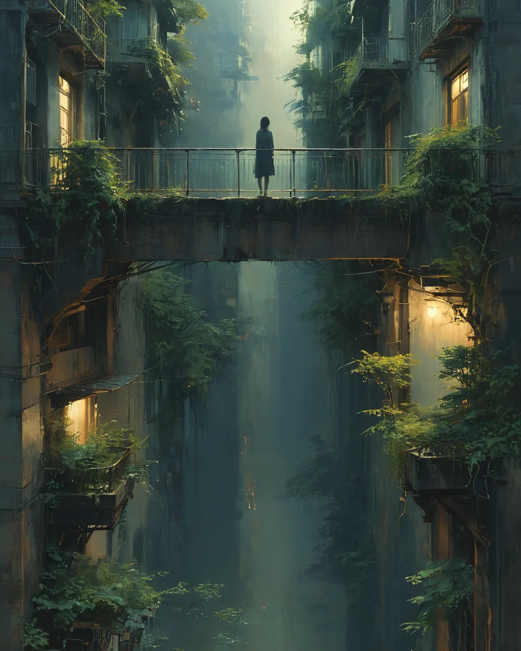 Melancholy, Full-Body Metal Atmospheric Lighting, bridges, streets, puddled vegetation, people silhouettes standing on balconies, by Makoto Shinkai, Stanley Artgerm Lau, WLOP, Rossdraws, James Jean, Andrei Riabovitchev, Marc Simonetti, krenz cushart, Sakim <lora:add-detail-xl:0.75> <lora:xl_more_art-full_v1:0.5>